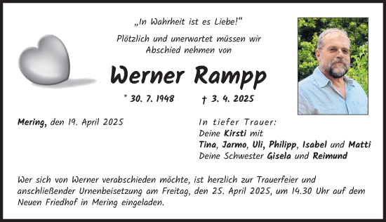 Traueranzeige von Werner Rampp von Friedberger Allgemeine