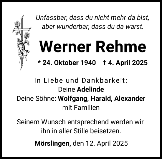 Traueranzeige von Werner Rehme von Donau Zeitung