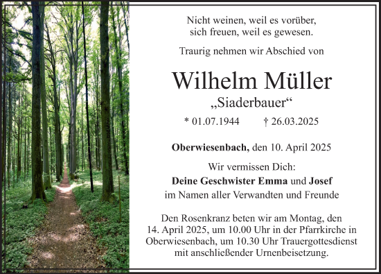 Traueranzeige von Wilhelm Müller von Mittelschwäbische Nachrichten
