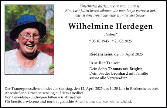 Traueranzeige von Wilhelmine Herdegen von Neuburger Rundschau