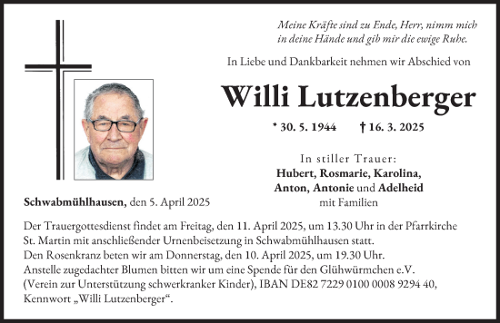 Traueranzeige von Willi Lutzenberger von Schwabmünchner Allgemeine