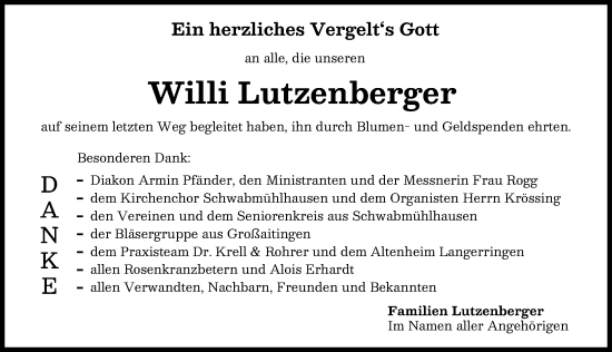 Traueranzeige von Willi Lutzenberger von Schwabmünchner Allgemeine