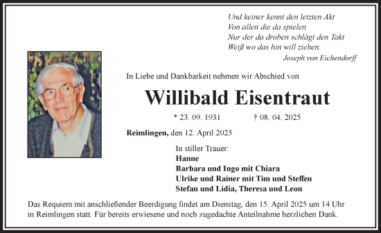 Traueranzeige von Willibald Eisentraut von Rieser Nachrichten