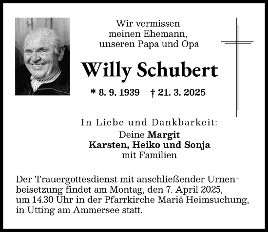 Traueranzeige von Willy Schubert von Landsberger Tagblatt