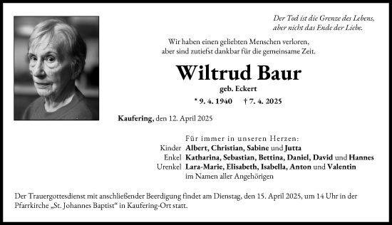 Traueranzeige von Wiltrud Baur von Landsberger Tagblatt