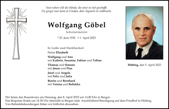 Traueranzeige von Wolfgang Göbel von Neuburger Rundschau