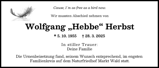 Traueranzeige von Wolfgang Herbst von Augsburger Allgemeine