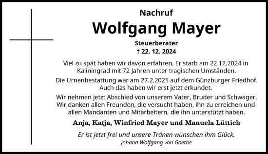 Traueranzeige von Wolfgang Mayer von Günzburger Zeitung