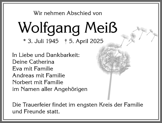 Traueranzeige von Wolfgang Meiß von Mindelheimer Zeitung