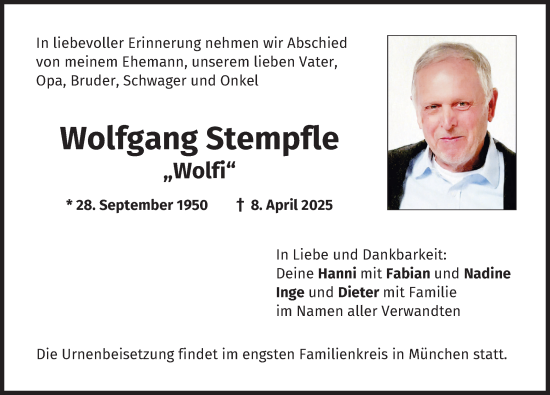 Traueranzeige von Wolfgang Stempfle von Mindelheimer Zeitung