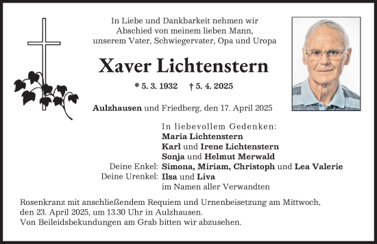 Traueranzeige von Xaver Lichtenstern von Aichacher Nachrichten