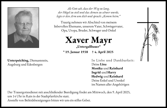 Traueranzeige von Xaver Mayr von Neuburger Rundschau, Donauwörther Zeitung