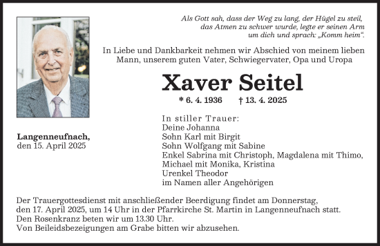 Traueranzeige von Xaver Seitel von Schwabmünchner Allgemeine, Augsburger Allgemeine