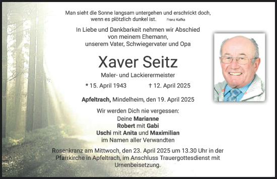 Traueranzeige von Xaver Seitz von Mindelheimer Zeitung