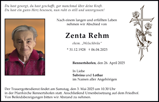 Traueranzeige von Zenta Rehm von Neuburger Rundschau
