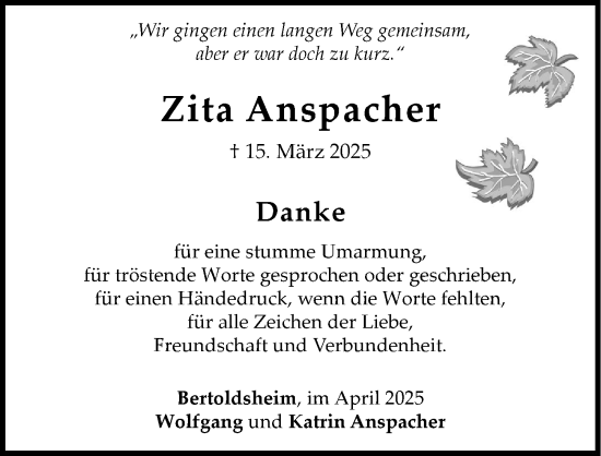 Traueranzeige von Zita Anspacher von Neuburger Rundschau