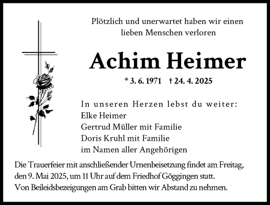 Traueranzeige von Achim Heimer von Augsburger Allgemeine