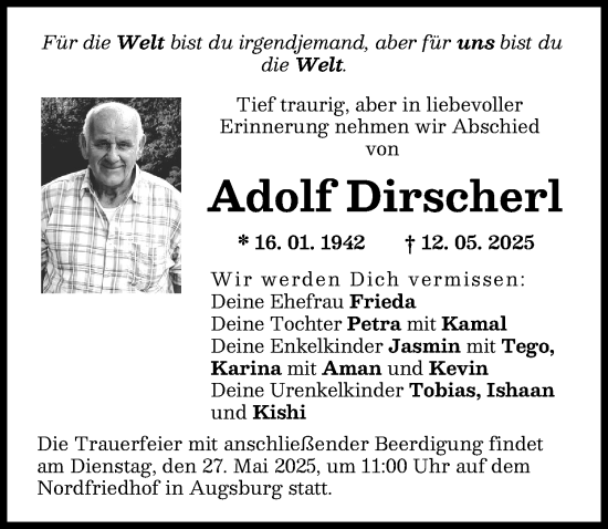 Traueranzeige von Adolf Dirscherl von Augsburger Allgemeine