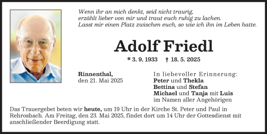 Traueranzeige von Adolf Friedl von Friedberger Allgemeine