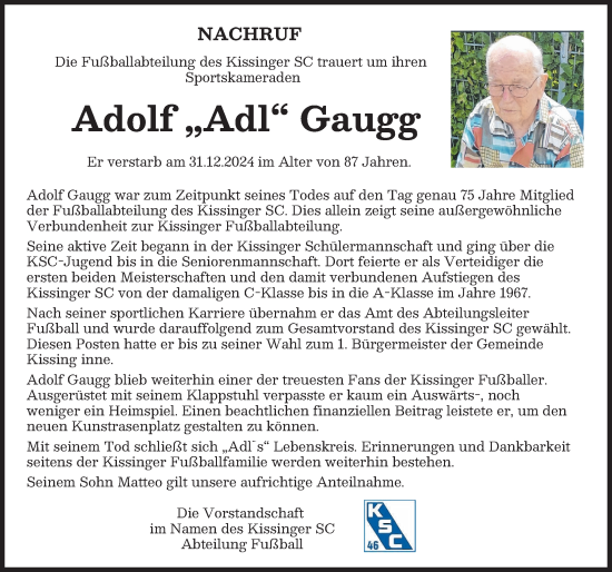 Traueranzeige von Adolf Gaugg von Friedberger Allgemeine
