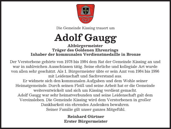 Traueranzeige von Adolf Gaugg von Friedberger Allgemeine
