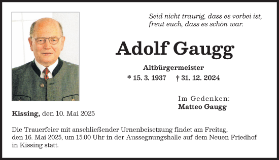 Traueranzeige von Adolf Gaugg von Friedberger Allgemeine