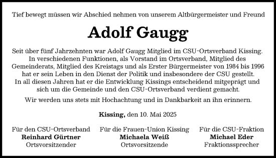 Traueranzeige von Adolf Gaugg von Friedberger Allgemeine