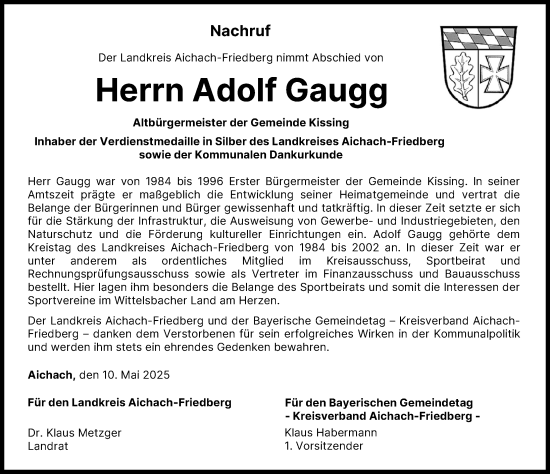 Traueranzeige von Adolf Gaugg von Friedberger Allgemeine