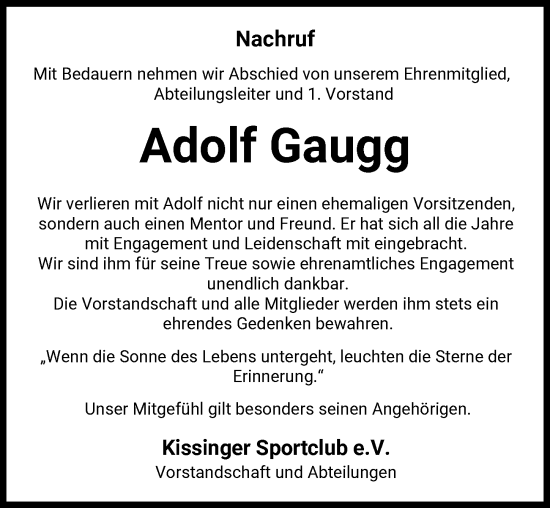 Traueranzeige von Adolf Gaugg von Friedberger Allgemeine