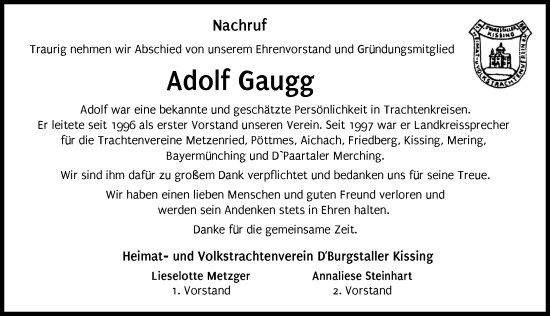 Traueranzeige von Adolf Gaugg von Friedberger Allgemeine