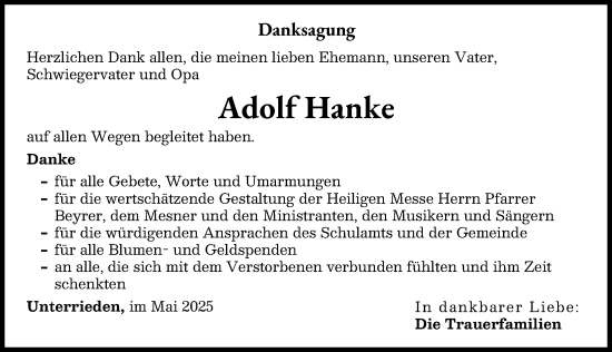 Traueranzeige von Adolf Hanke von Mindelheimer Zeitung