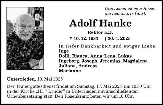 Traueranzeige von Adolf Hanke von Mindelheimer Zeitung
