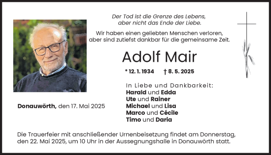 Traueranzeige von Adolf Mair von Donauwörther Zeitung