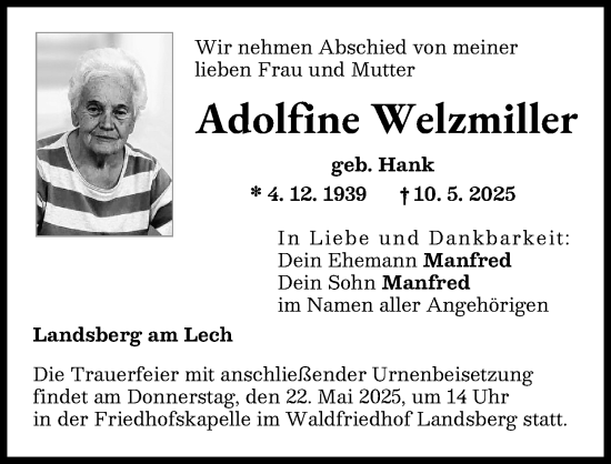 Traueranzeige von Adolfine Welzmiller von Landsberger Tagblatt