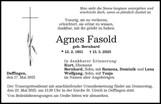 Traueranzeige von Agnes Fasold von Günzburger Zeitung