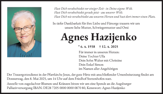 Traueranzeige von Agnes Hazijenko von Wertinger Zeitung, Augsburger Allgemeine