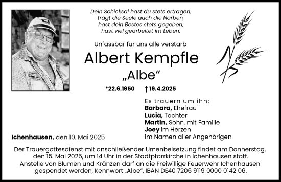 Traueranzeige von Albert Kempfle von Mittelschwäbische Nachrichten, Günzburger Zeitung