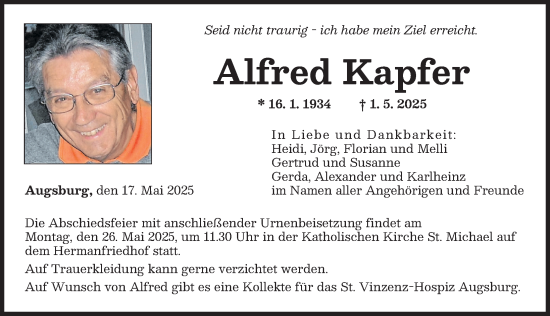 Traueranzeige von Alfred Kapfer von Augsburger Allgemeine