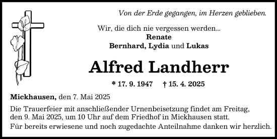 Traueranzeige von Alfred Landherr von Augsburger Allgemeine