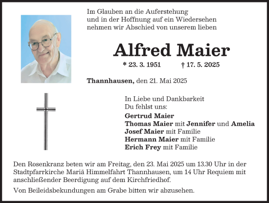 Traueranzeige von Alfred Maier von Mittelschwäbische Nachrichten