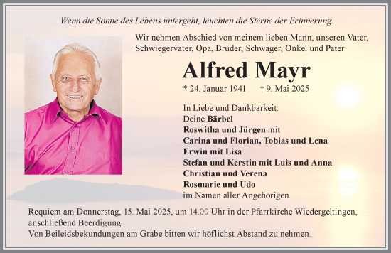 Traueranzeige von Alfred Mayr von Augsburger Allgemeine, Mindelheimer Zeitung