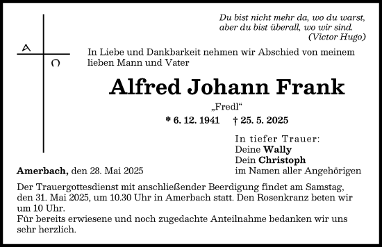Traueranzeige von Alfred Johann Frank von Donauwörther Zeitung