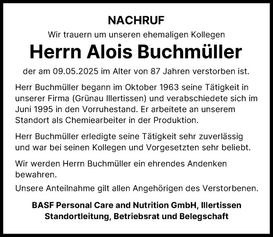 Traueranzeige von Alois Buchmüller von Illertisser Zeitung