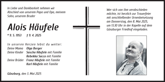 Traueranzeige von Alois Häufele von Günzburger Zeitung