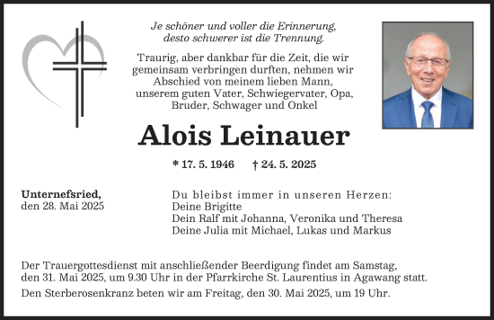 Traueranzeige von Alois Leinauer von Augsburger Allgemeine