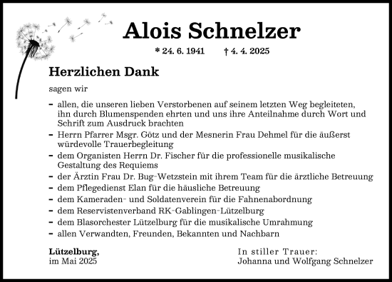 Traueranzeige von Alois Schnelzer von Augsburger Allgemeine
