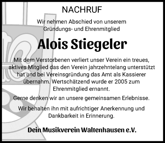 Traueranzeige von Alois Stiegeler von Mittelschwäbische Nachrichten