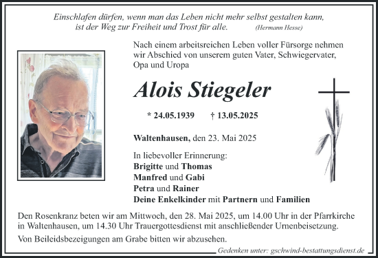 Traueranzeige von Alois Stiegeler von Mittelschwäbische Nachrichten