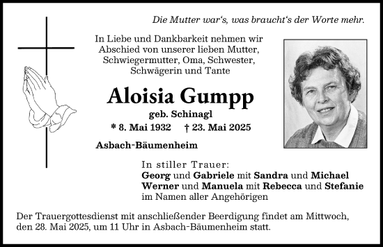 Traueranzeige von Aloisia Gumpp von Donauwörther Zeitung