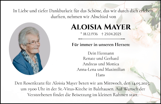 Traueranzeige von Aloisia Mayer von Mittelschwäbische Nachrichten